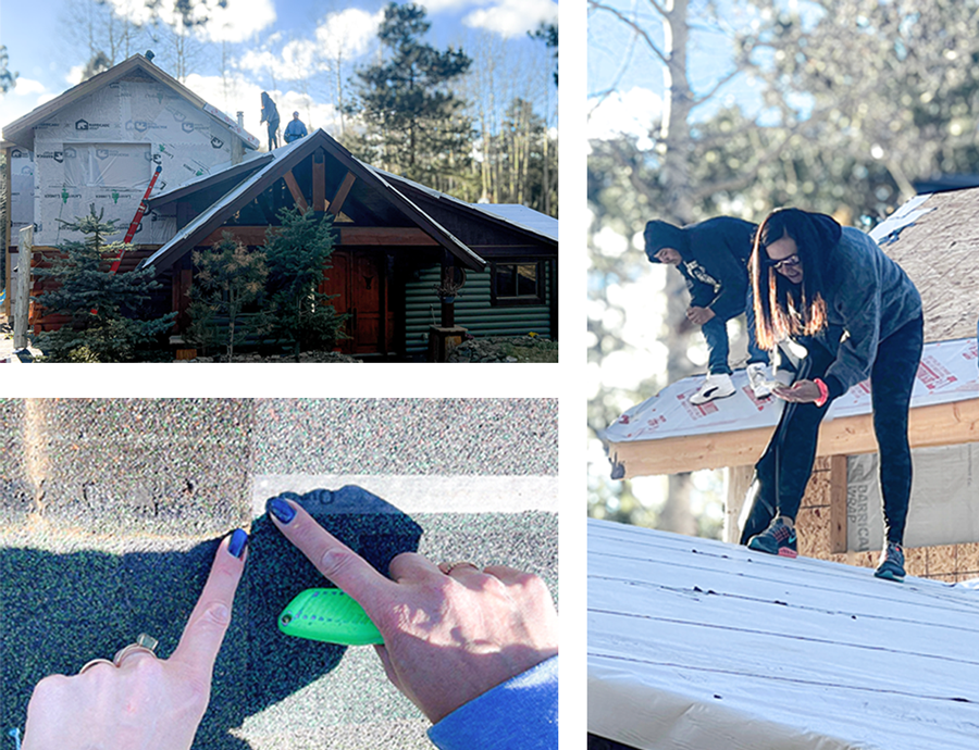 photos of Erika and the team from Lotus Services on the job: 1. assessing a roof insurance claim 2. pointing to an issue on top of a roof during an insurance appraisal 3. inspecting a job site for an insurance consulting project